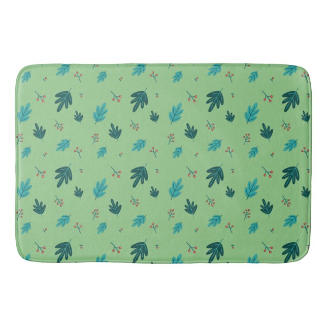 Evergreen Tree Leaves & Red Holly Berries Bath Mat (Front)