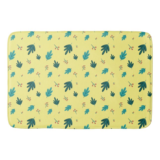 Evergreen Tree Leaves & Red Holly Berries Bath Mat (Front)