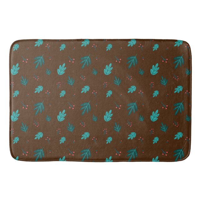 Evergreen Tree Leaves & Red Holly Berries Bath Mat (Front)