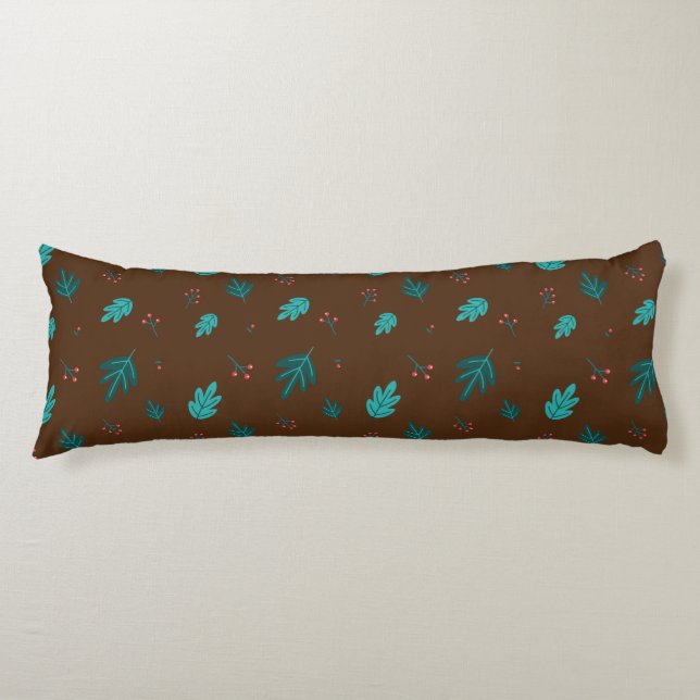 Evergreen Tree Leaves & Red Holly Berries Body Pillow (Front)