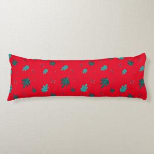 Evergreen Tree Leaves & Red Holly Berries Body Pillow