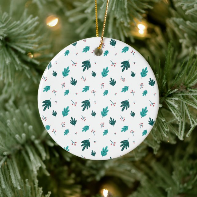 Evergreen Tree Leaves & Red Holly Berries Ceramic Ornament (Tree)