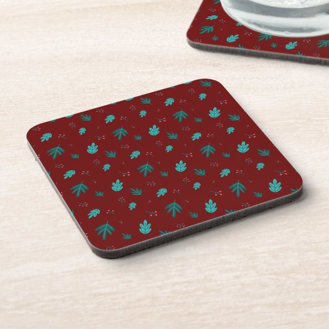 Evergreen Tree Leaves & Red Holly Berries Coaster (Left Side)