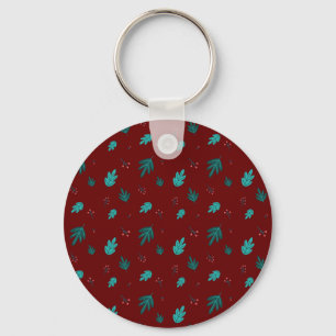 Evergreen Tree Leaves & Red Holly Berries Keychain
