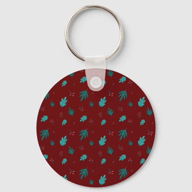 Evergreen Tree Leaves & Red Holly Berries Keychain (Front)