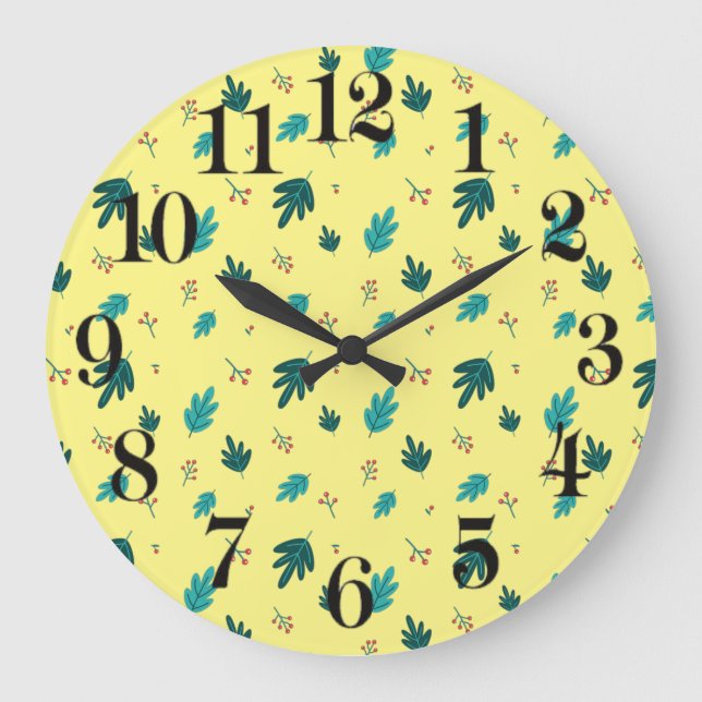 Evergreen Tree Leaves & Red Holly Berries Large Clock (Front)