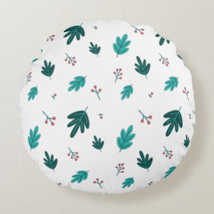 Evergreen Tree Leaves & Red Holly Berries Round Pillow