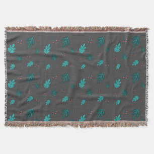 Evergreen Tree Leaves & Red Holly Berries Throw Blanket