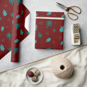 Evergreen Tree Leaves & Red Holly Berries Wrapping Paper