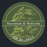 Evergreen Tree | Nature Wedding Personalized Classic Round Sticker<br><div class="desc">A deep,  mossy green sticker personalized with both names and the wedding date. For woodsy,  nature-themed weddings.</div>