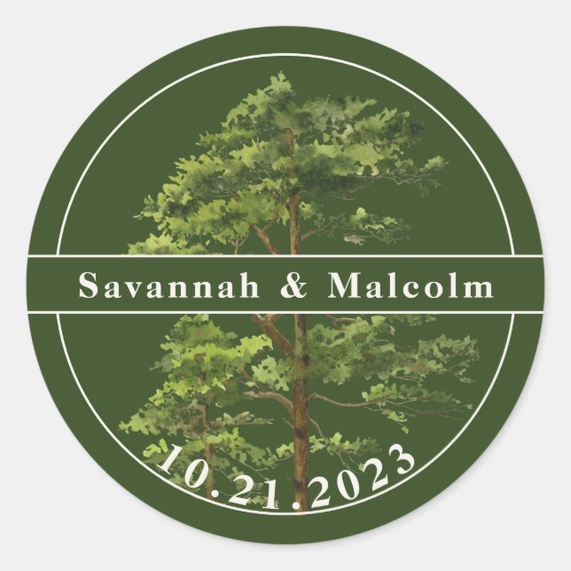 Evergreen Tree | Nature Wedding Personalized Classic Round Sticker (Front)