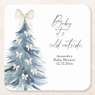Evergreen tree with bows Baby shower Square Paper Coaster