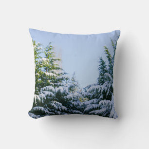 Evergreen trees, snow, pretty winter nature scene throw pillow