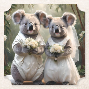 "Evergreen Vows: A Koala Wedding in White" Paper Coaster