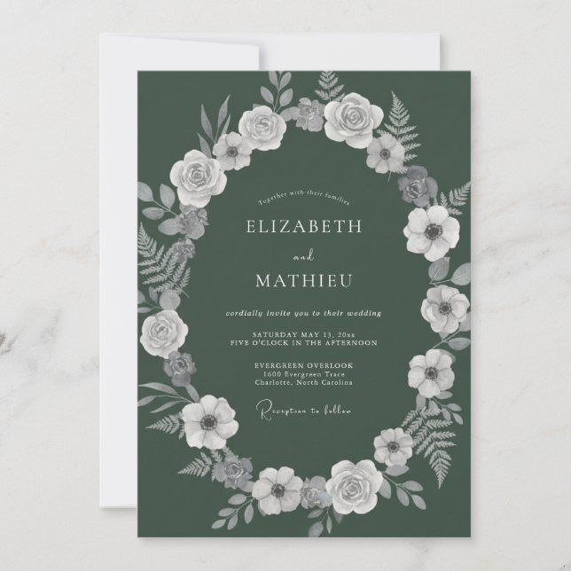 Evergreen White Wreath Wedding Invitation (Front)