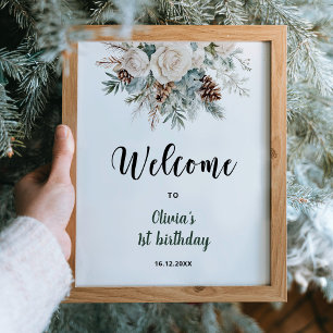 Evergreen Winter First Birthday Welcome Poster
