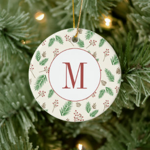 Evergreen Winter Floral Initial Monogram Christmas Ceramic Ornament