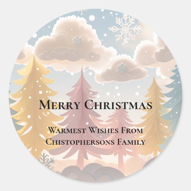 Evergreen Winter Wonderland Merry Christmas Classic Round Sticker (Front)