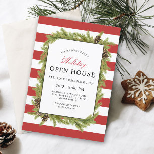 Evergreens and Stripes Holiday Open House Invitation