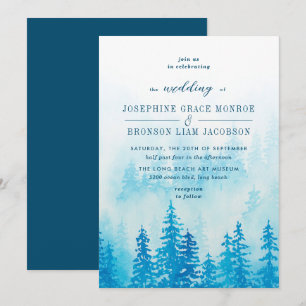 Evergreens in the Fog Forest in Blue Wedding Invitation