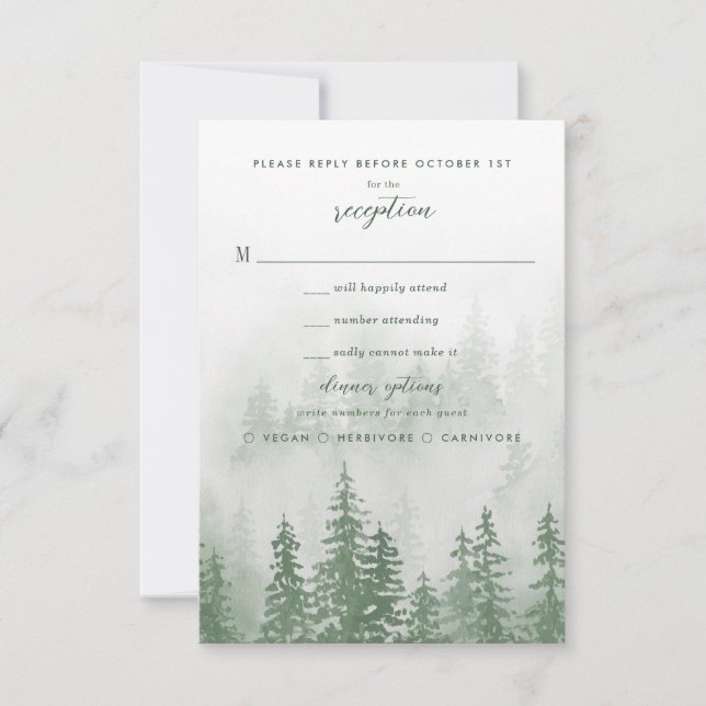 Evergreens in the Fog Forest in Green Wedding RSVP (Front)