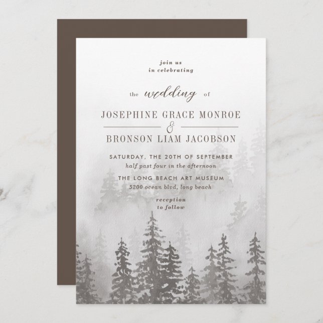 Evergreens in the Fog Forest in Grey Wedding Invitation (Front/Back)