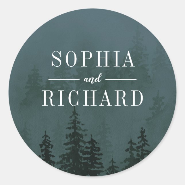 Evergreens in the Fog Forest Slate Blue Wedding Classic Round Sticker (Front)