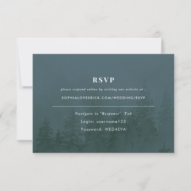 Evergreens in the Foggy Forest Blue RSVP Card (Front)