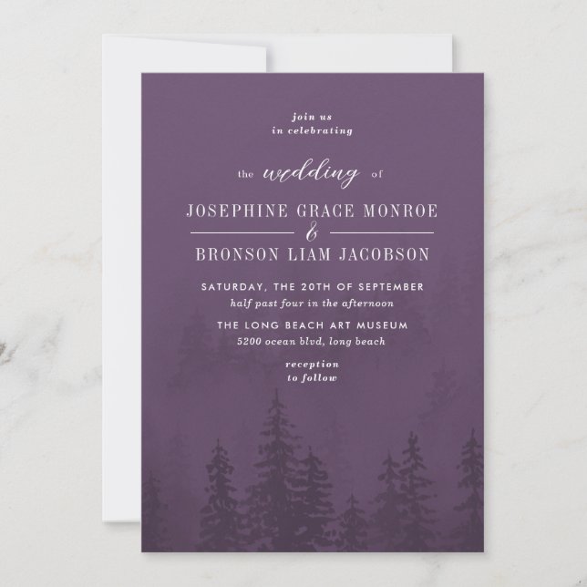 Evergreens in the Foggy Forest Purple Wedding Invitation (Front)
