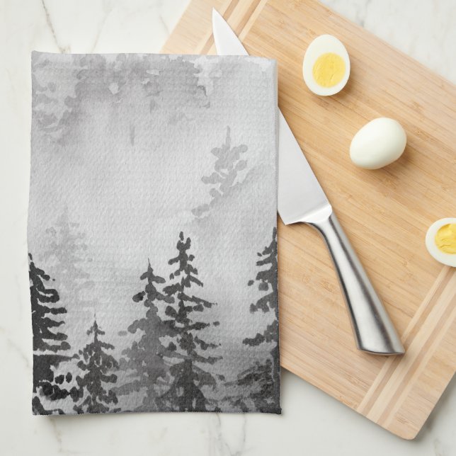 Evergreens in the Forest Foggy Mountain in Black Kitchen Towel (Quarter Fold)