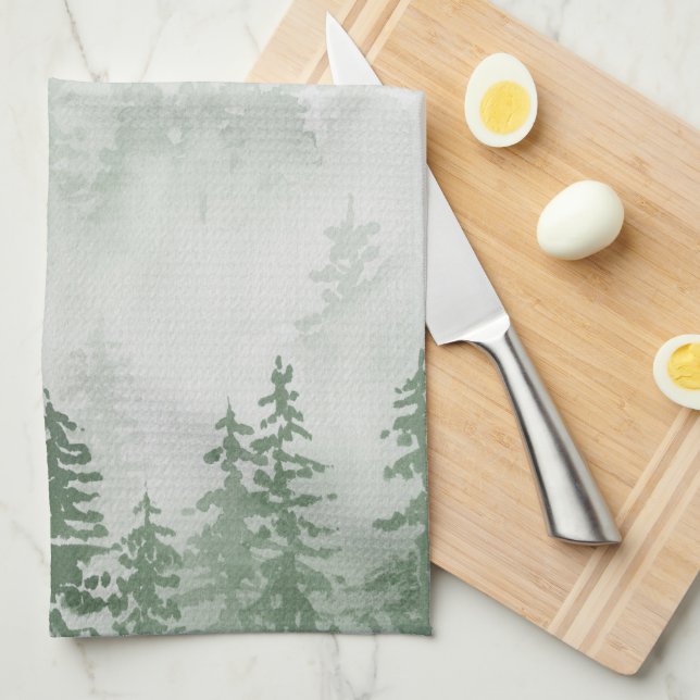 Evergreens in the Forest Foggy Mountain in Green Kitchen Towel (Quarter Fold)