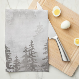 Evergreens in the Forest Foggy Mountain in Grey Kitchen Towel