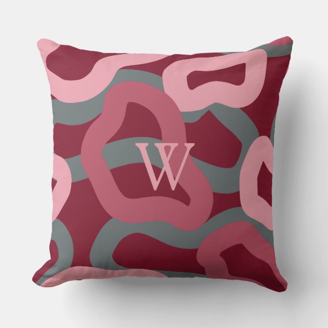 Everlasting in Red, Grey and Pink Monogrammed Throw Pillow (Front)