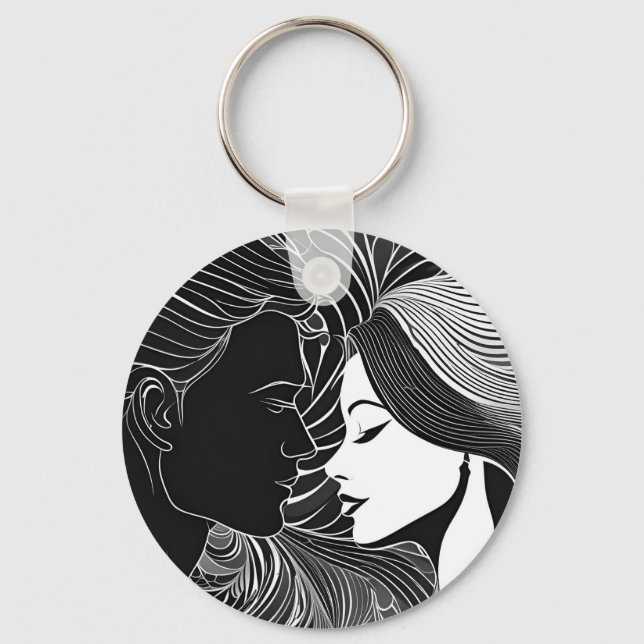 Everlasting Kiss: Black & White Silhouette Lovers Keychain (Front)