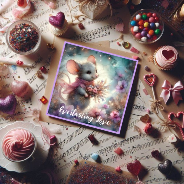 Everlasting Love Pink Floral Mouse Valentine  Holiday Card (Creator Uploaded)