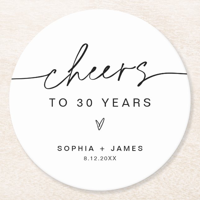 EVERLEIGH Minimalist Cheers to 30 Years Round Paper Coaster (Front)