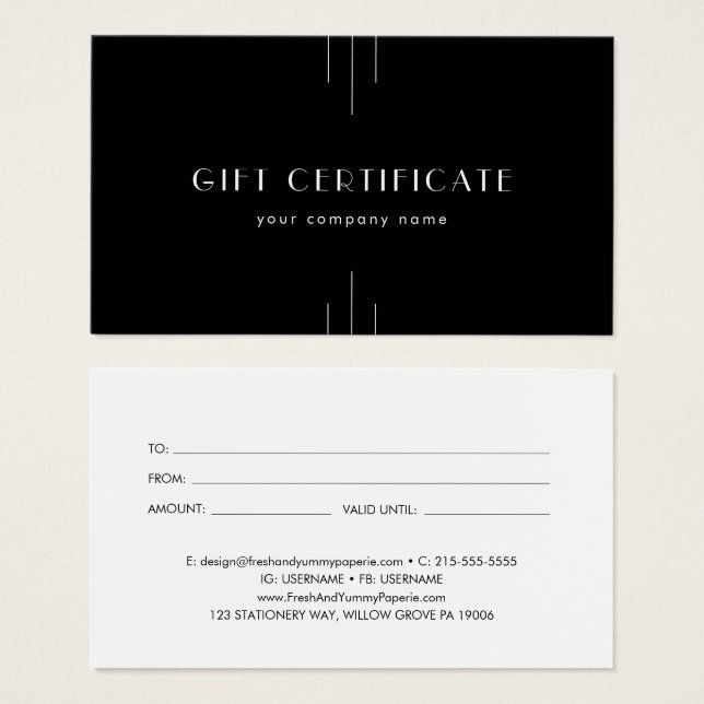 EVERLY Art Deco Black Business Gift Certificate (Devant & derrière)