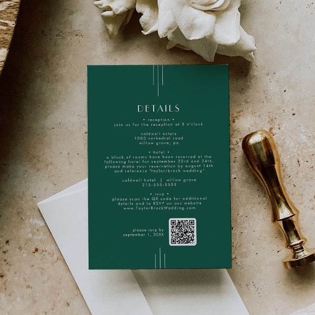 EVERLY Art Deco Emerald QR Code Wedding Details Enclosure Card (EVERLY Art Deco Emerald QR Code Wedding Details Enclosure Card)