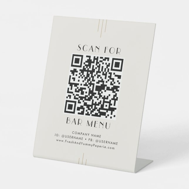 EVERLY Art Deco Ivory Gold Black Bar Menu QR Code Pedestal Sign (Front)