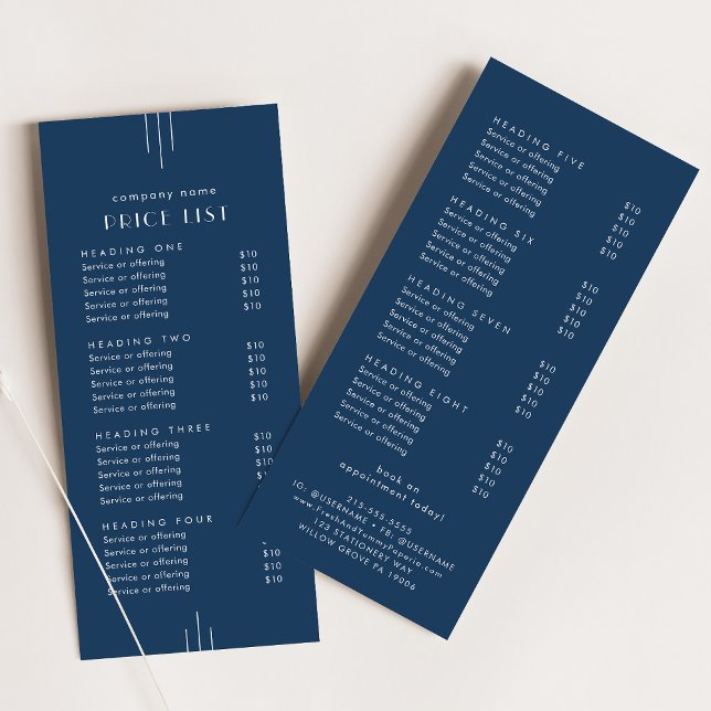 EVERLY Art Deco Navy Blue Double Sided Price List Rack Card (EVERLY Art Deco Navy Blue Double Sided Price List Rack Card)