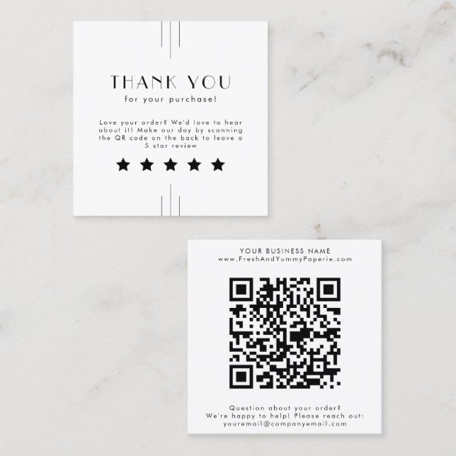 EVERLY Art Deco White Black QR Code Leave A Review Square Business Card (Front/Back)