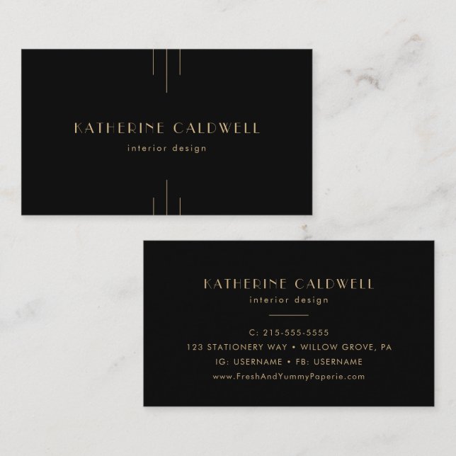 EVERLY Elegant Art Deco Black and Gold Business Card (Front/Back)