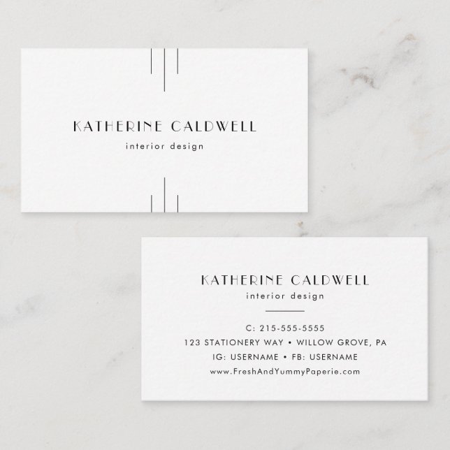 EVERLY Minimalist Art Deco White and Black Business Card (Front/Back)