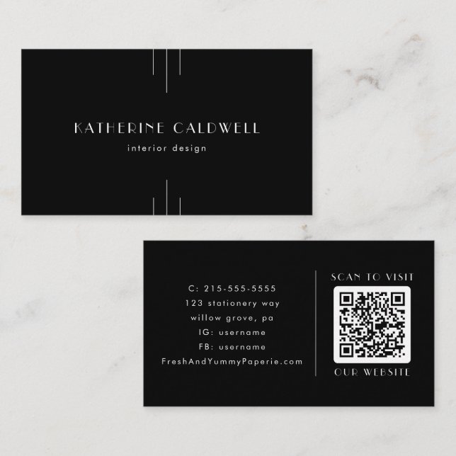 EVERLY Modern Art Deco Black and White QR Code Business Card (Front/Back)