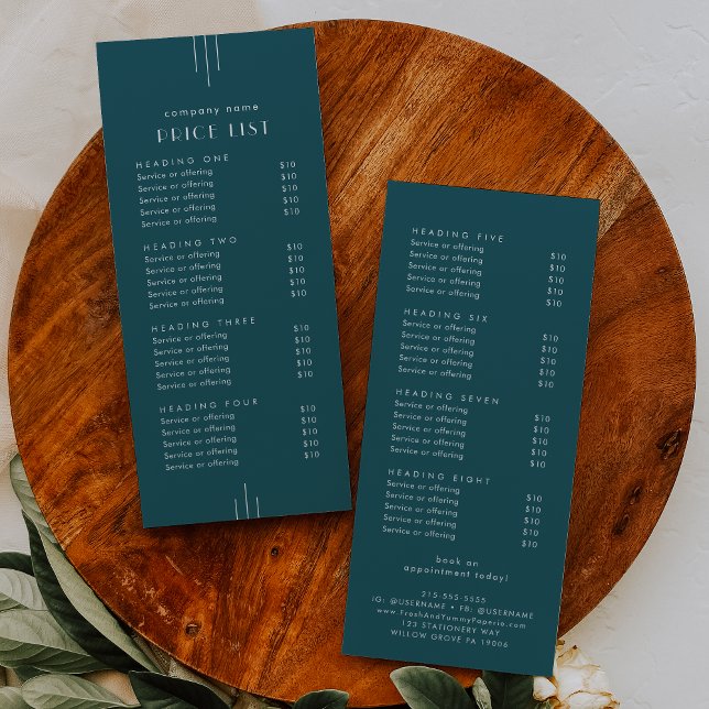 EVERLY Peacock Teal Double Sided Price List Rack Card (EVERLY Peacock Teal Double Sided Price List Rack Card)