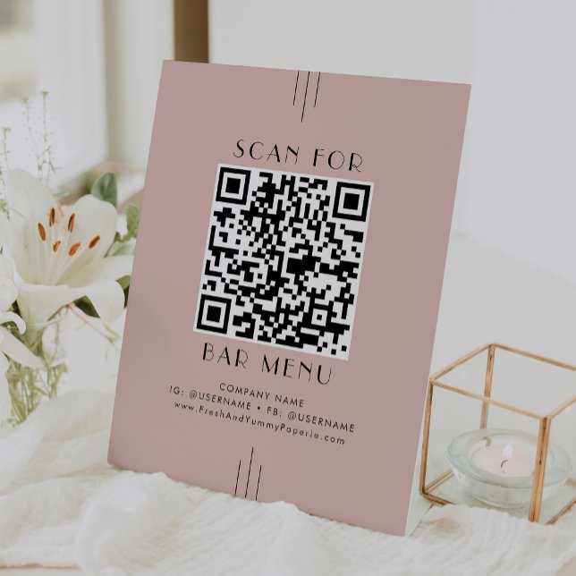 EVERLY Retro Art Deco Blush Pink Bar Menu QR Code Pedestal Sign (EVERLY Retro Art Deco Blush Pink Bar Menu QR Code Pedestal Sign)