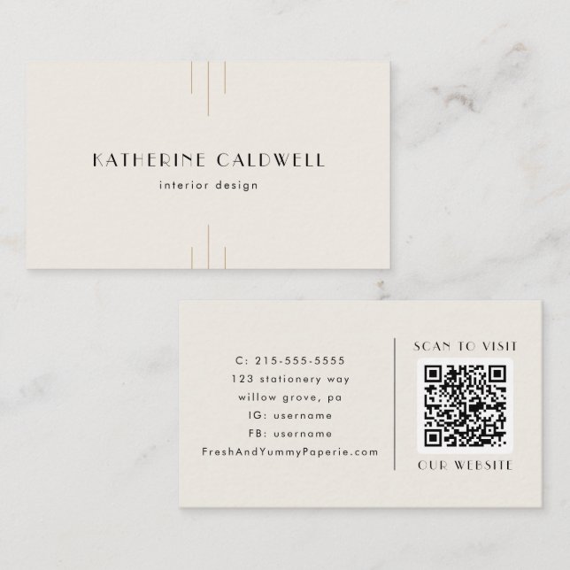 EVERLY Retro Art Deco Ivory Gold Black QR Code Business Card (Front/Back)