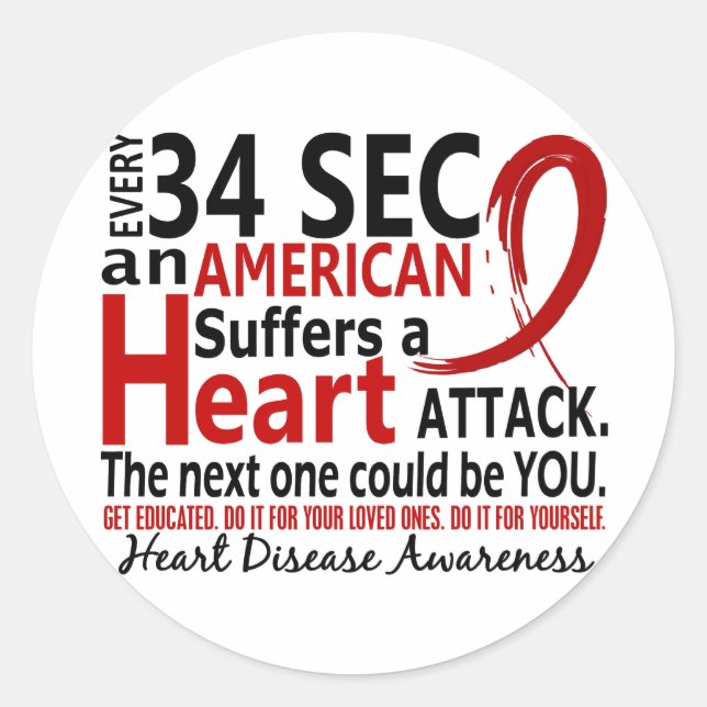 Every 34 Seconds Heart Disease / Attack Classic Round Sticker (Front)