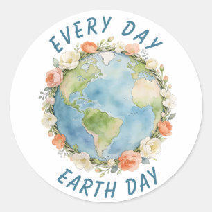 Every Day Earth Day Wreath Floral Watercolor Art Classic Round Sticker