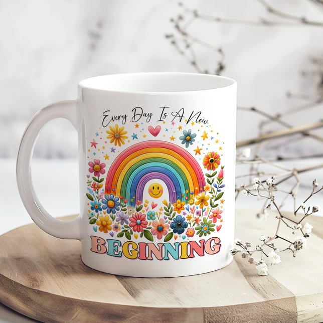 "Every Day is a New Beginning" Colourful Hippie Coffee Mug ("Every Day is a New Beginning" Colorful Hippie Coffee Mug on a boho kitchen table with tiny flowers)